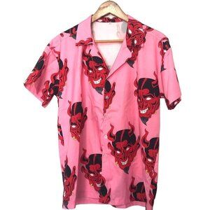 Devil Button Down Blouse Pink Red Black Tag Size Small Short Sleeve